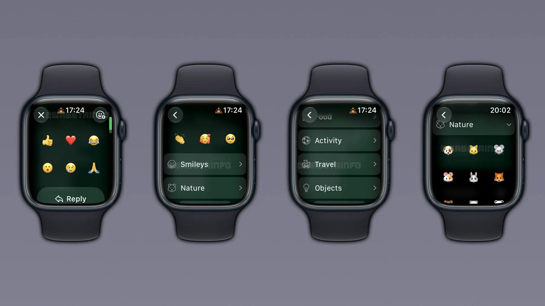 Cuatro Apple Watch mostrando el nuevo selector de reacciones de WhatsApp, con las reacciones por defecto, la lista de categorías y la parrilla de emojis de una categoría
