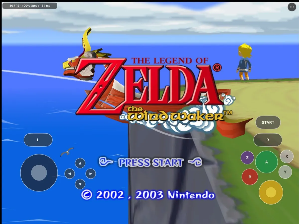 The Legend of Zelda: The Wind Waker title screen with the on-screen touch controls of the iOS build overlaid
