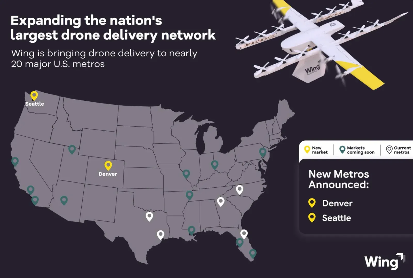 Mapa de Wing con los mercados de reparto de Walmart activos, nuevos y anunciados
