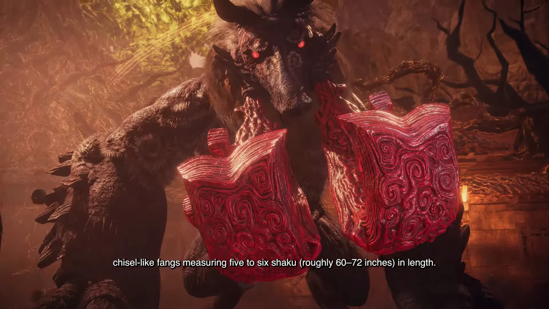 El jefe Zuochi, una criatura colosal con colmillos y armadura roja, en Wo Long 2: Wings of Ember