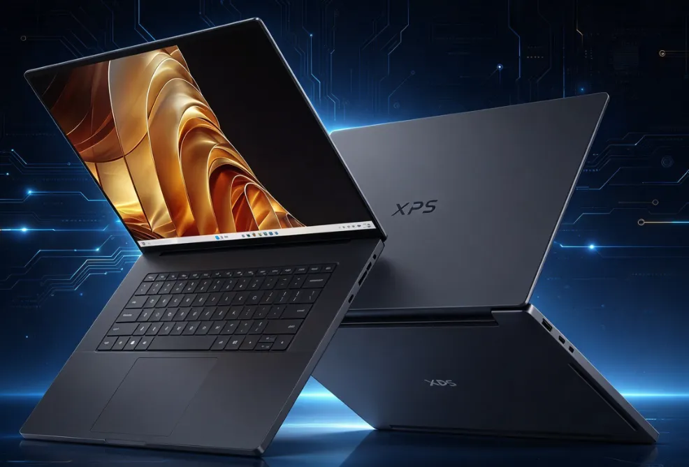 Dell XPS 16 Creator Edition sobre un fondo azul de circuitos
