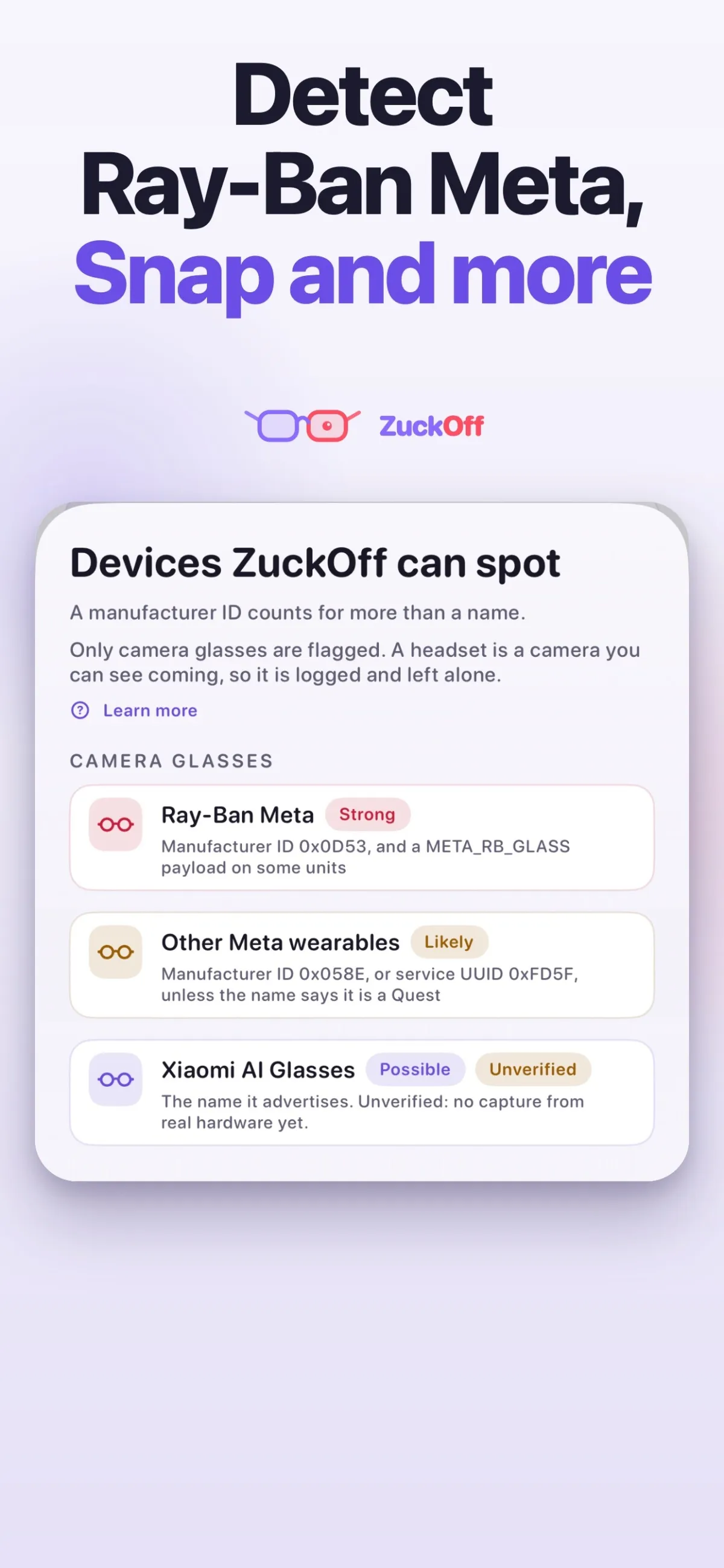 Lista de dispositivos que ZuckOff puede detectar, con niveles de confianza fuerte, probable y posible, y el identificador de fabricante que respalda cada aviso